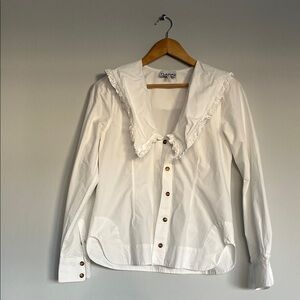 Ganni White Button-Down Shirt with Ruffled Collar
